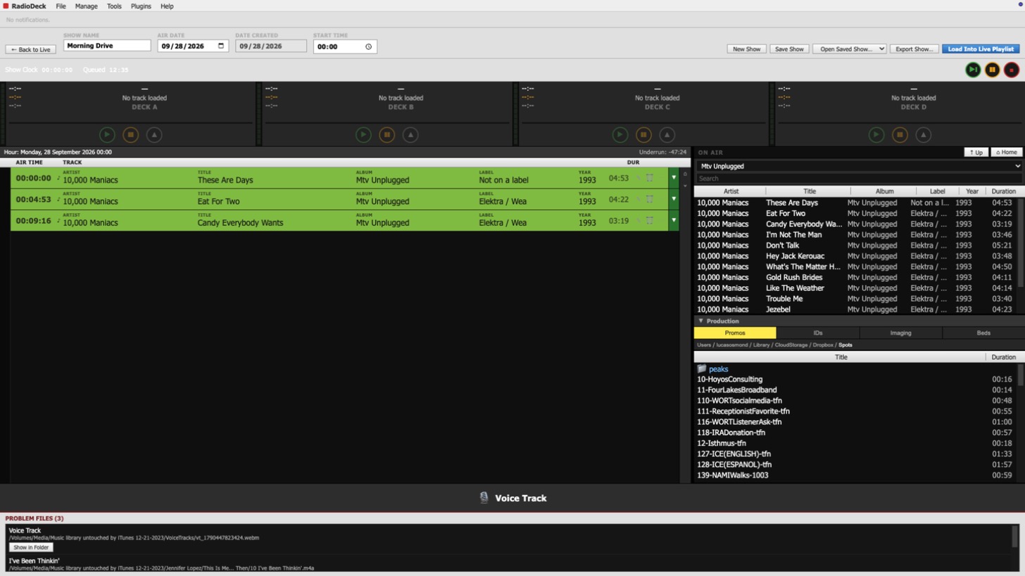 RadioDeck Show Builder screen with a show named Morning Drive and three tracks loaded