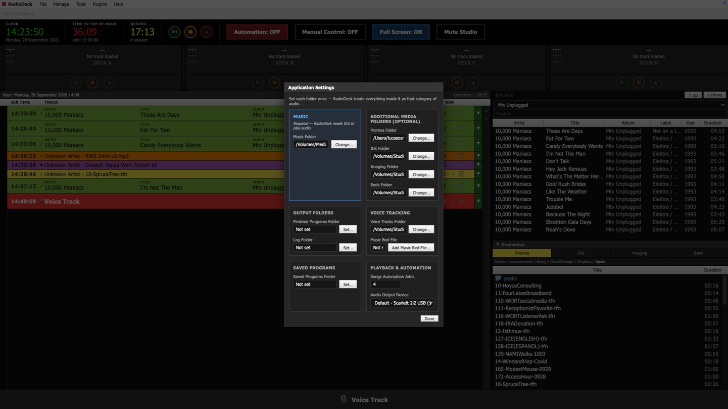 RadioDeck application settings screen with sectioned folder configuration